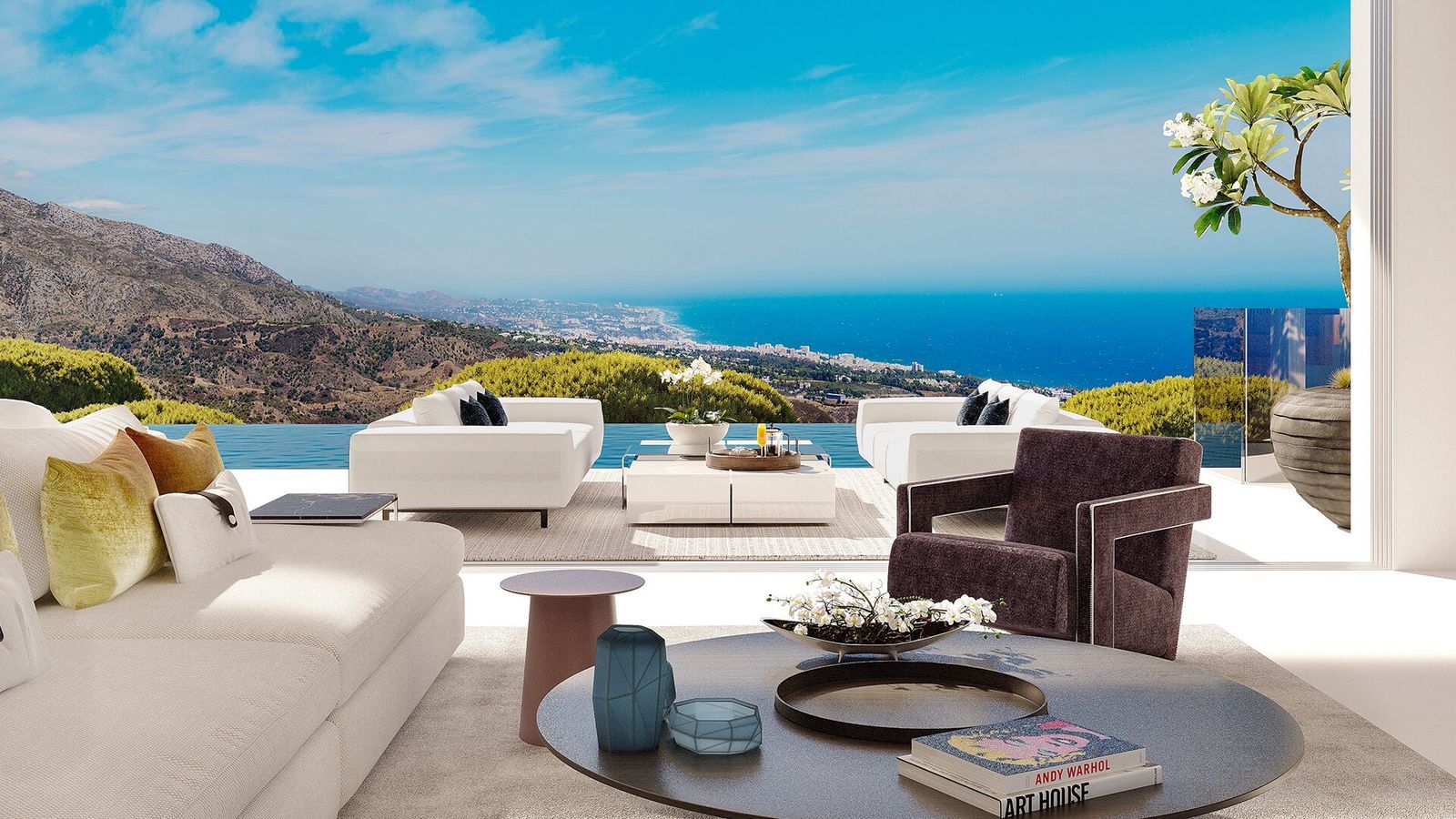 Sala de estar moderna con vista al mar y piscina infinita en Vista Lago Residences.