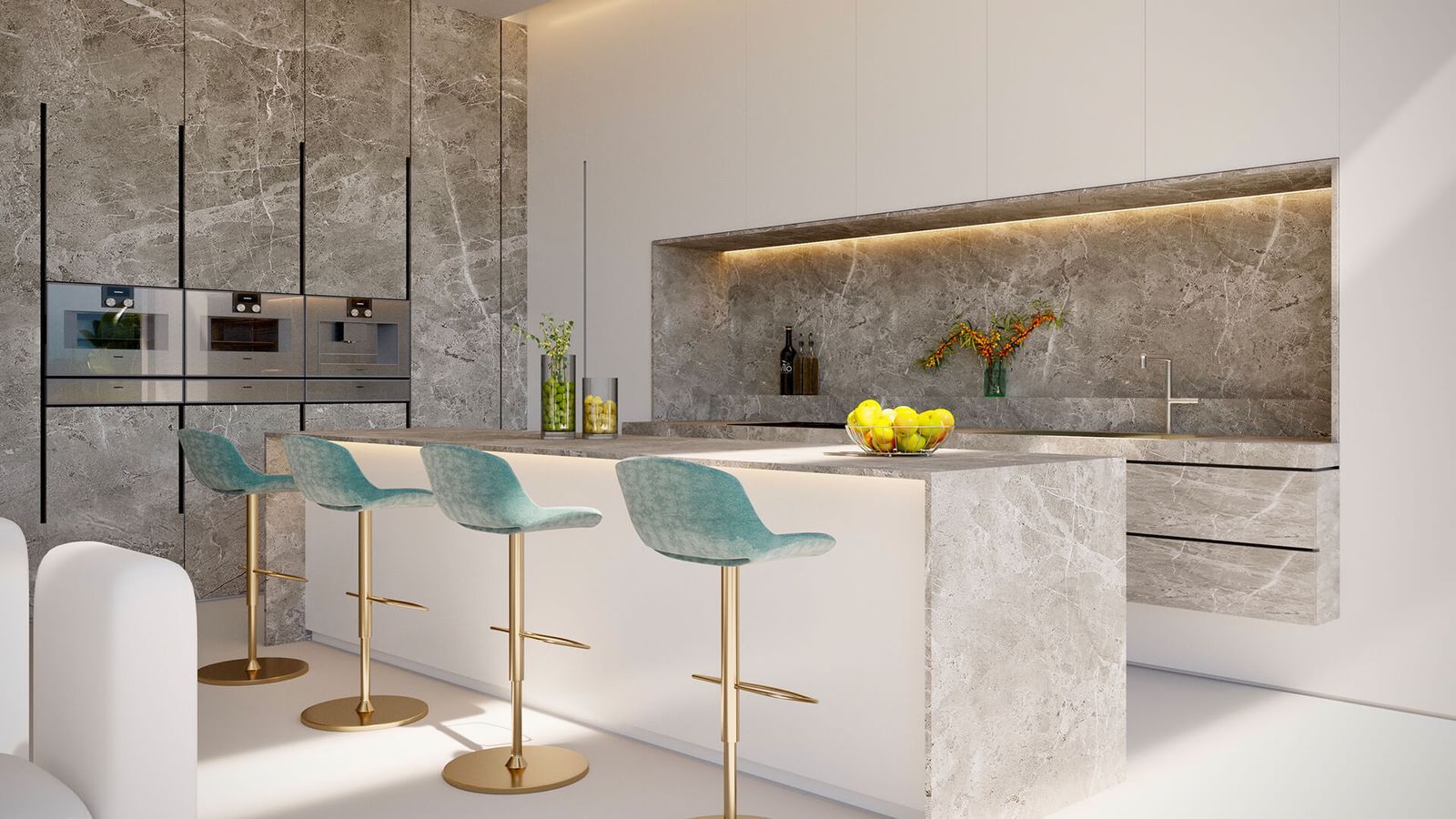Cocina moderna con isla de mármol, taburetes y electrodomésticos integrados.