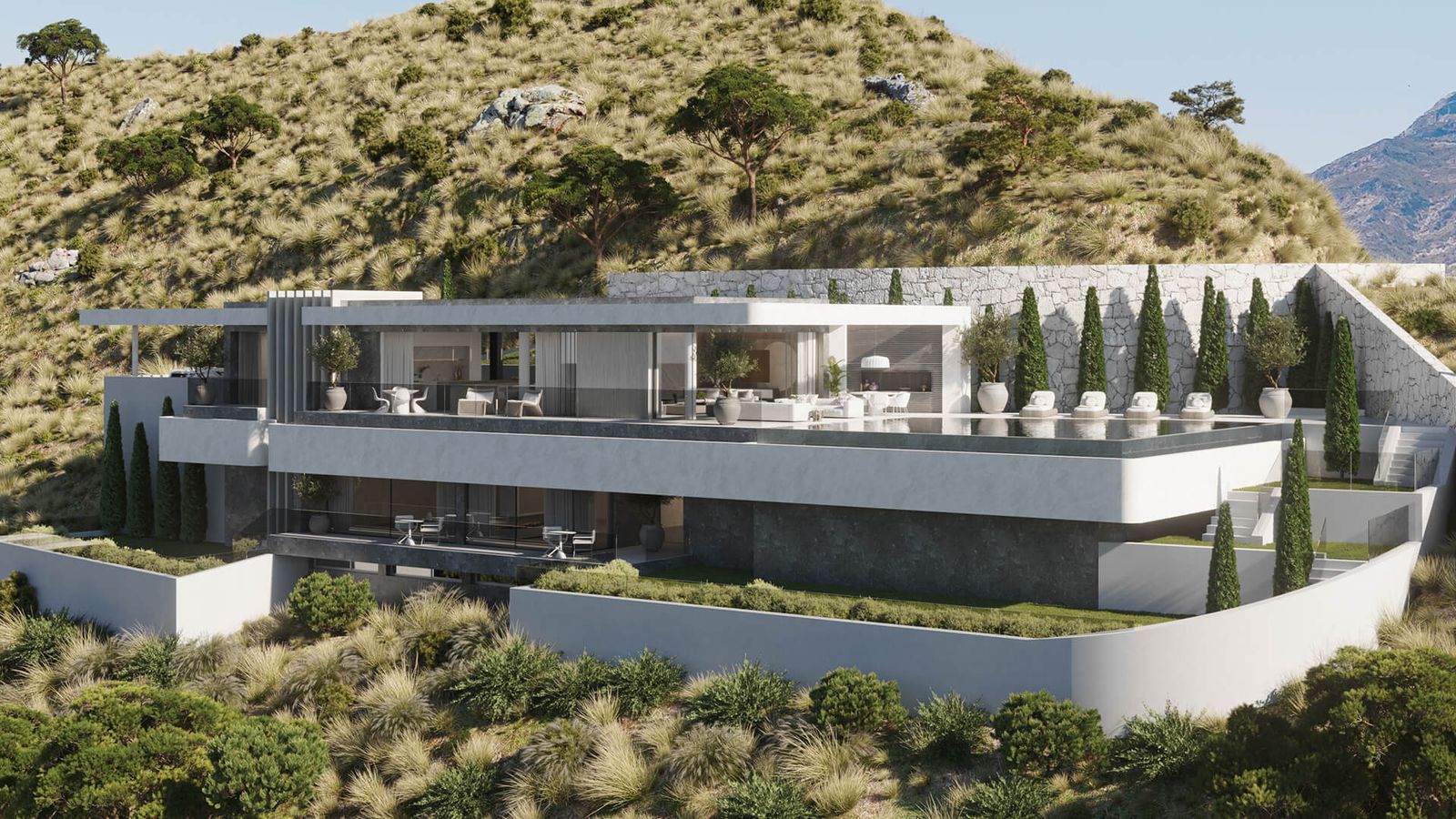 Villa moderna con piscina infinita en una ladera en Vista Lago Residences.